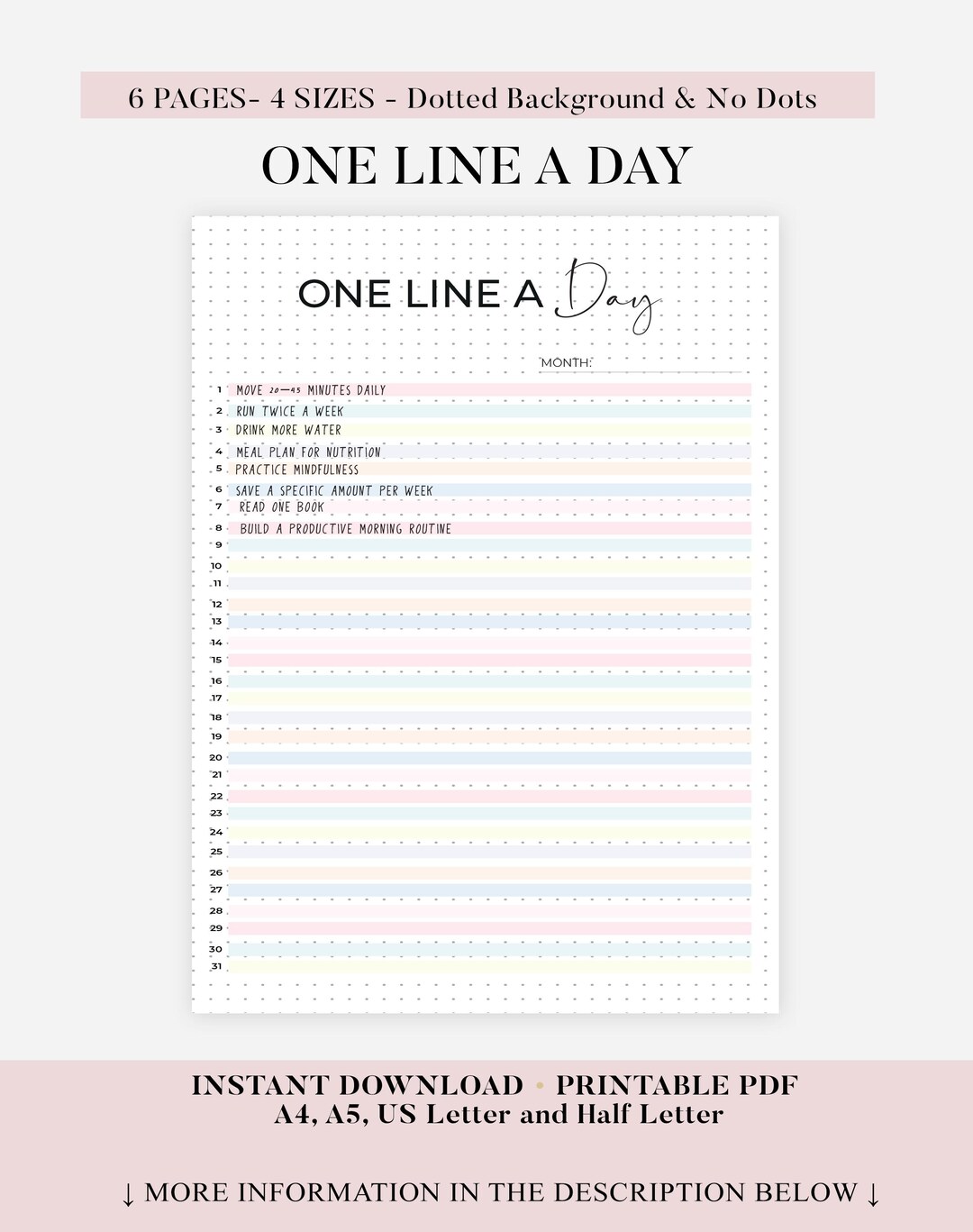 One Line A Day - Journal Page - Printable Planner Page - Memory Tracker ...