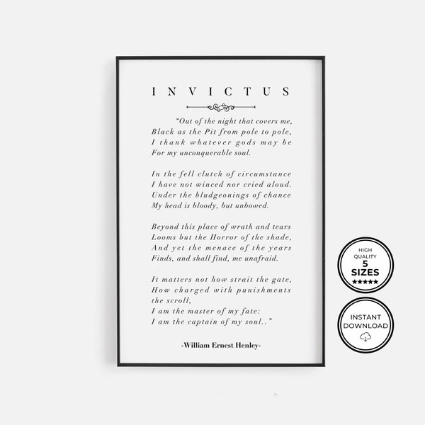 Invictus Poem By William Ernest Henley, Printable Invictus Poem, Motivational Quote, Literature Print, Home Office Decor, Student Wall Art