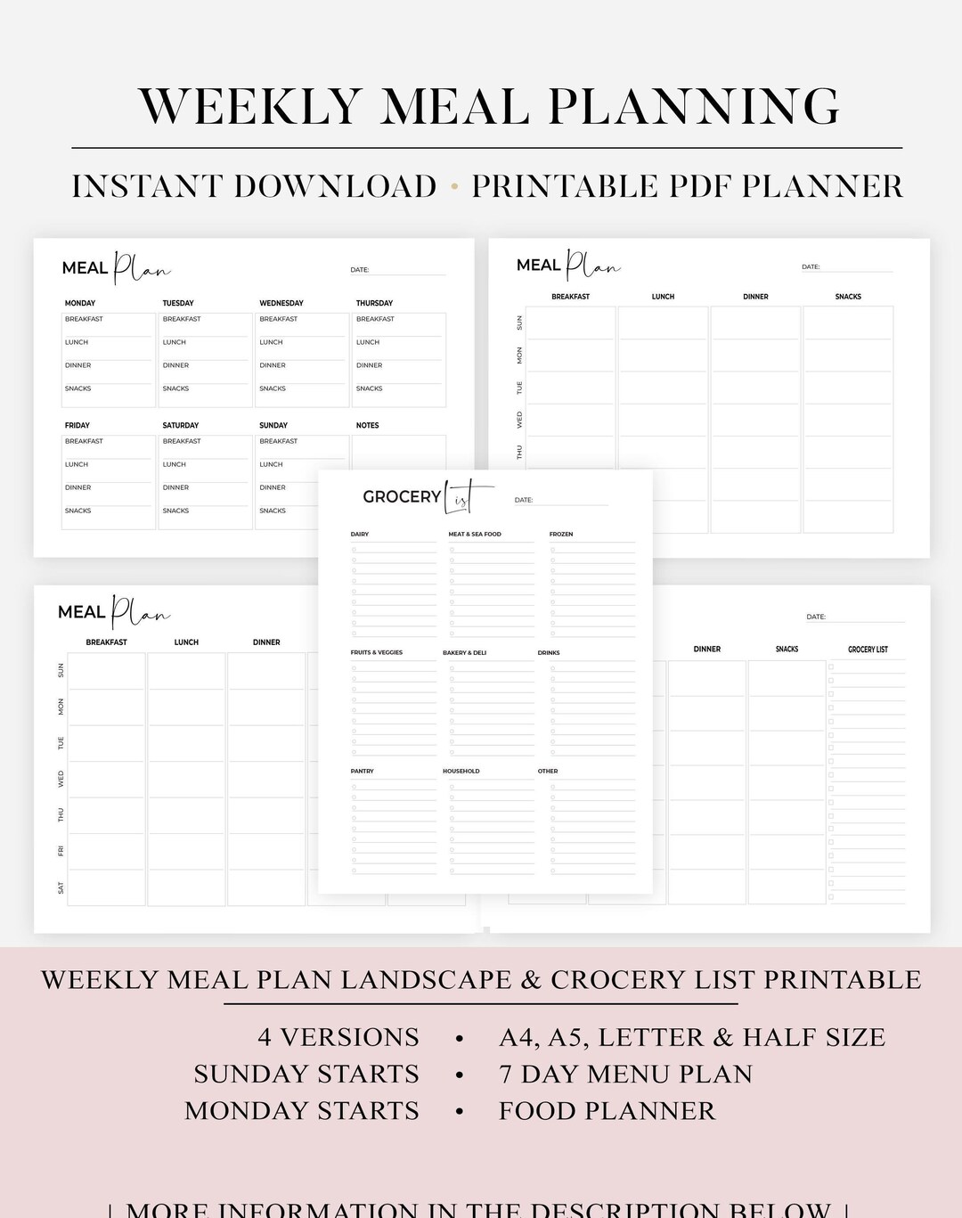 Printable Weekly Meal Planner Landscape and Grocery List, Food Diary ...