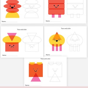 Op de afbeelding: Een afdrukbare PDF-planner met kleurrijke geometrische vormen om te traceren en in te kleuren. Elke pagina bevat een gestippelde omtreklijn om te traceren en een ruimte om een naam in te vullen. De tekst "Trace and color" staat bovenaan elke pagina.