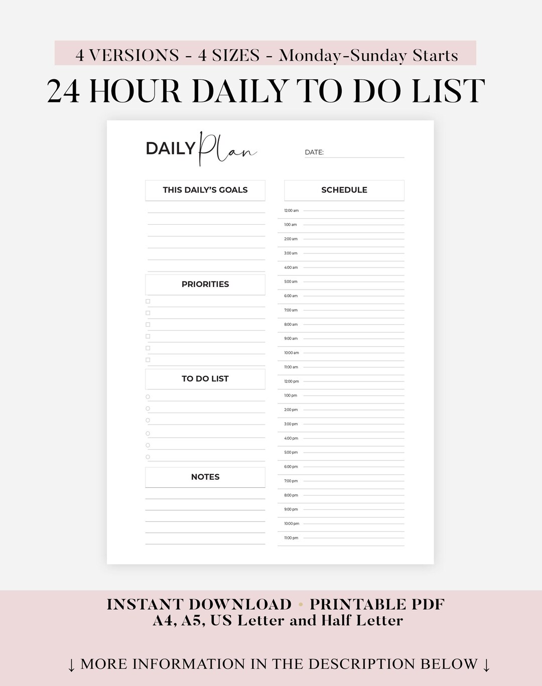 Daily Planner Pdf, 24 Hour Daily Planner Printable, Daily to Do List ...