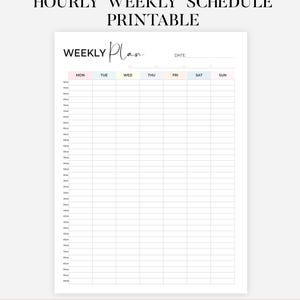 Könnte beinhalten: Ein wöchentlicher Zeitplan zum Ausdrucken mit dem Text 3 VERSIONS - 4 SIZES - A4, A5, US Letter and Half Letter, HOURLY WEEKLY SCHEDULE PRINTABLE, WEEKLY Plan und INSTANT DOWNLOAD - PRINTABLE PDF. Das Raster enthält die Wochentage.