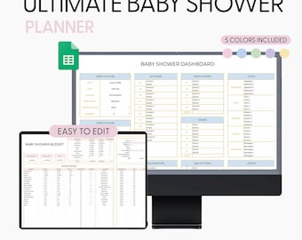 Planificador digital para baby shower en Hojas de cálculo de Google: incluye planificador, cronograma, lista de invitados, confirmación de asistencia y seguimiento de regalos.