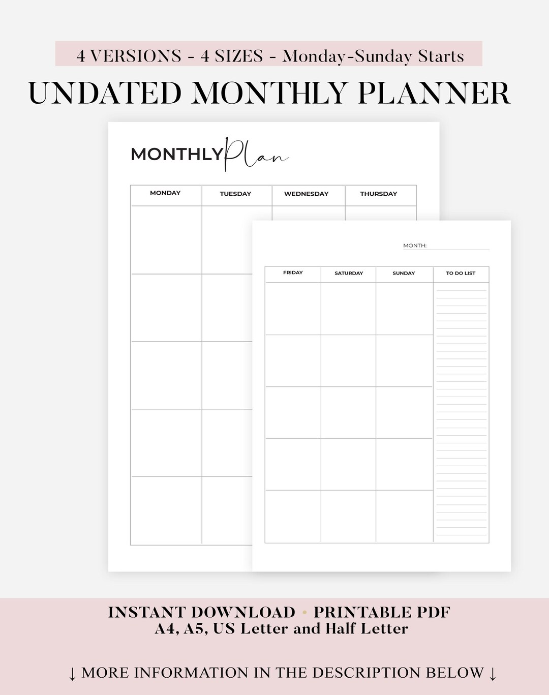 Undated Monthly Planner Printable, Month at a Glance, Month on Two ...
