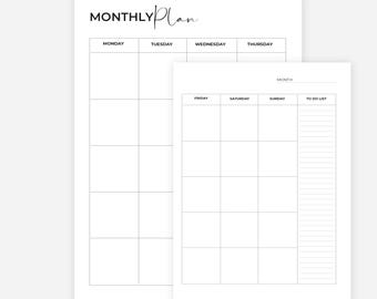 Undated Monthly Planner Printable, Month At a Glance, Month on Two Pages, Monthly Calendar Inserts, Sunday/Monday Start, A4/A5/Letter/Half