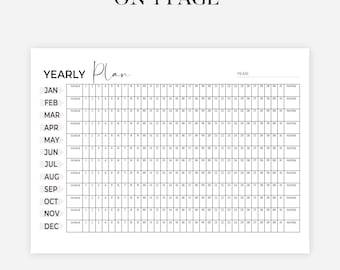 Jaarplanner op 1 pagina, liggend, jaaroverzicht, jaar in één oogopslag, kalendersjabloon pdf, A4/A5, jaarplan afdrukbaar, direct downloaden