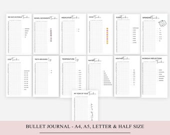 Utskrivbar årsbok, pärm med bullet journalsidor, året i korthet, utgiftsrapport, UTSKRIFTBAR journalsida, utgiftslogg