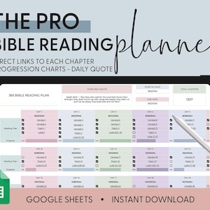 Könnte beinhalten: Ein digitaler Planer zum Lesen der Bibel in 365 Tagen. Der Planer enthält tägliche Lesungen, ein tägliches Zitat und Fortschrittsdiagramme. Der Planer ist als Google Sheet verfügbar und kann sofort heruntergeladen werden.