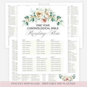 May include: A printable PDF planner with a floral design, featuring a one-year chronological Bible reading plan. The document includes the text "One Year Bible Plan" and "4 Sizes". The bottom of the document reads "Instant Download Printable PDF Planner".
