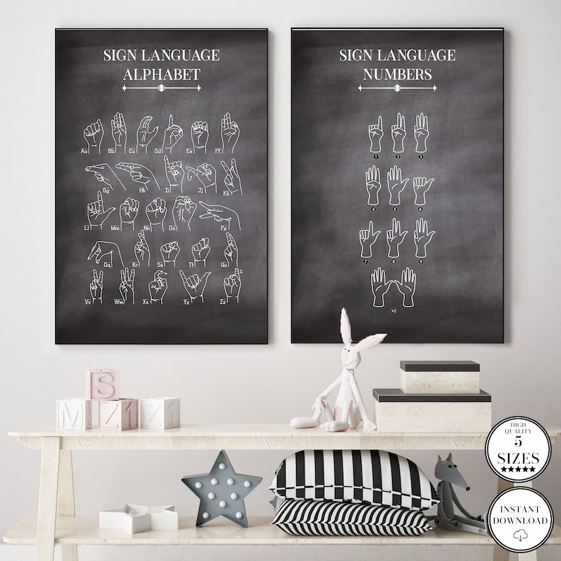 Asl alphabet poster sign language numbers printable american etsy