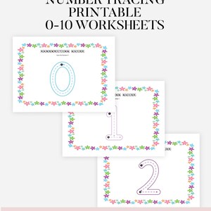 May include: Printable number tracing worksheets for kids, featuring numbers 0-10. Each worksheet has a floral border and handwriting guide. The text at the top reads "NUMBER TRACING PRINTABLE 0-10 WORKSHEETS". The bottom text says "INSTANT DOWNLOAD - PRINTABLE PDF PLANNER".