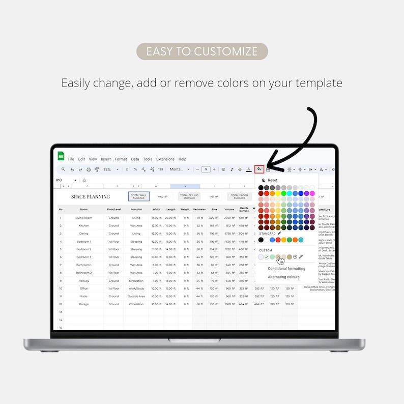May include: A laptop displaying a spreadsheet titled "SPACE PLANNING." The screen shows a color palette for customization, with the text "EASY TO CUSTOMIZE" and instructions to change colors on the template.