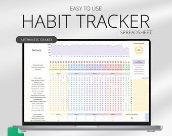 May include: A laptop displaying a digital habit tracker spreadsheet. The screen shows a calendar layout with color-coded boxes for tracking daily habits. Text on the screen includes "Habit Tracker," "Easy to Use," and "Instant Download."