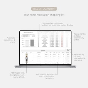 May include: A laptop displaying a home renovation shopping list titled "BILL OF QUANTITY." The screen shows a spreadsheet with categories, budgets, and actual costs. Features include automatic calculations, charts, and the ability to add images and descriptions.