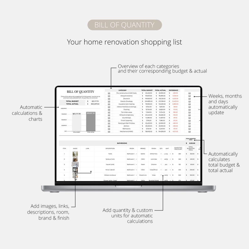 May include: A laptop displaying a home renovation shopping list titled "BILL OF QUANTITY." The screen shows a spreadsheet with categories, budgets, and actual costs. Features include automatic calculations, charts, and the ability to add images and descriptions.