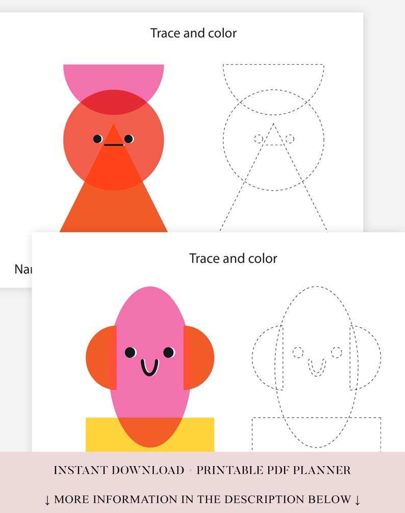 Op de afbeelding: Twee afdrukbare PDF-pagina's met kleurrijke geometrische vormen en de tekst "Traceer en kleur". E&eacute;n pagina bevat een voltooide vorm, de andere een gestippelde omtrek om te traceren. De onderkant van de afbeelding luidt "DIRECT DOWNLOADEN - PRINTBARE PDF PLANNER."