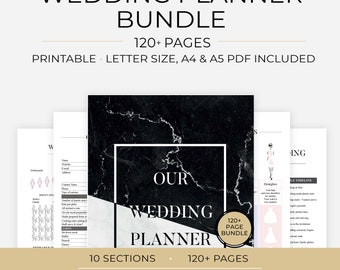 May include: A digital wedding planner bundle featuring 120+ pages in a black marble design. The cover displays the text OUR WEDDING PLANNER inside a white frame. Includes printable PDF files in letter size, A4, and A5 formats with 10 sections.