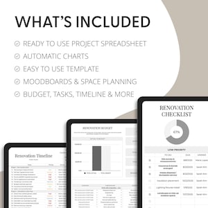 May include: Digital renovation planning templates displayed on tablets. The image includes a checklist, budget, and timeline. Text at the top reads "WHAT'S INCLUDED" and lists features like spreadsheets, charts, and moodboards.