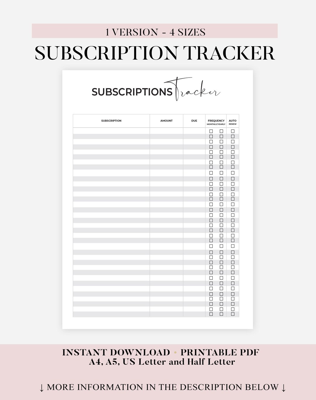 Subscriptions Printable Subscription Tracker Printable, Expense Tracker, Membership Checklist ...