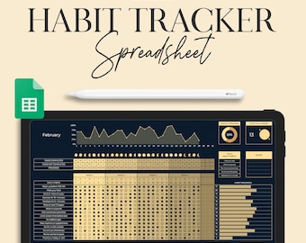 May include: A digital habit tracker spreadsheet displayed on a tablet. The design features a dark blue and gold color scheme, with sections for daily and weekly habits. The text "HABIT TRACKER Spreadsheet" is at the top, with "GOOGLE SHEETS • INSTANT DOWNLOAD" at the bottom.