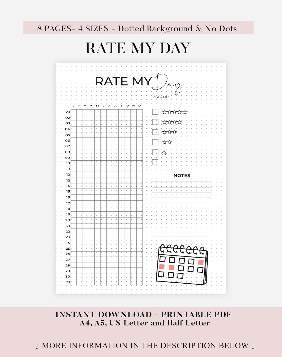 Rate My Day - Journal Page - Printable Planner Page - Printable Daily ...