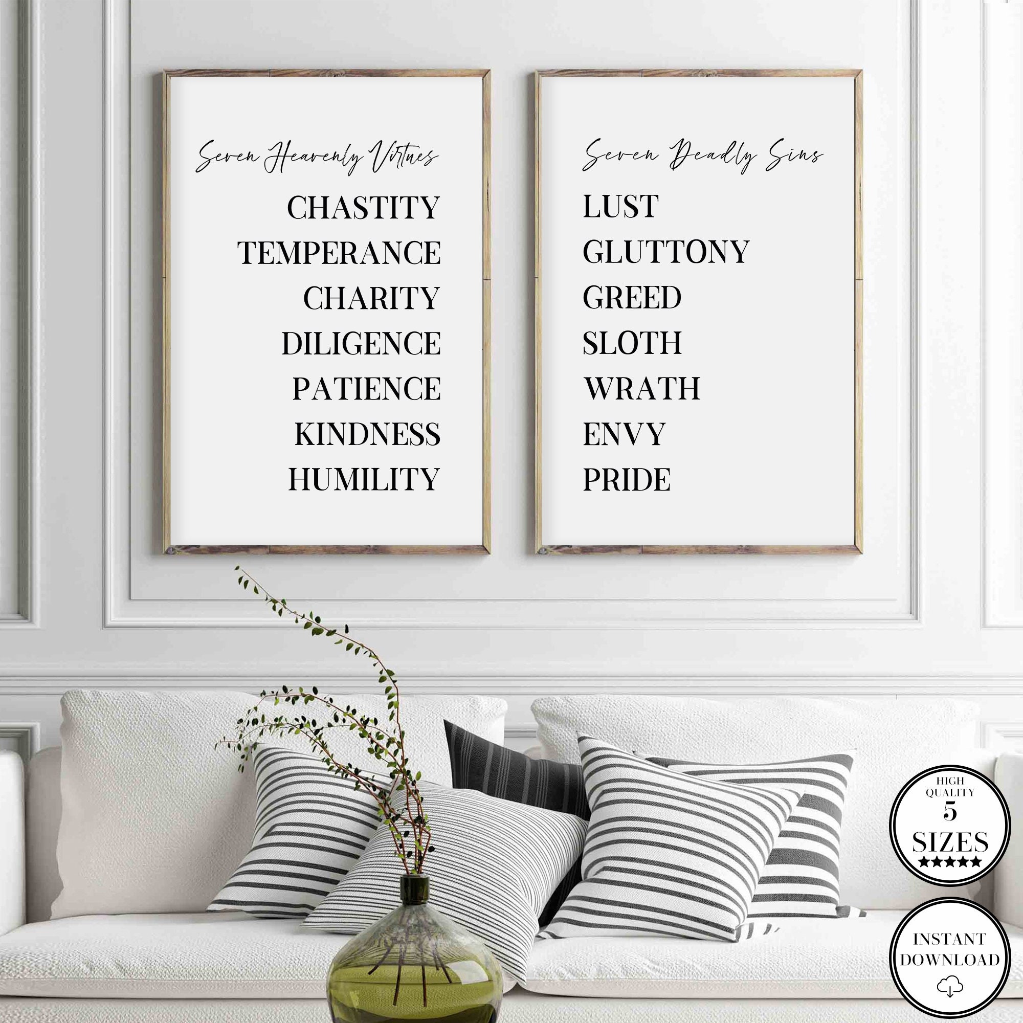 Seven Heavenly Virtues, Seven Deadly Sins, Bible Verse Printable Art, Set of 2 Prints, Inspiring