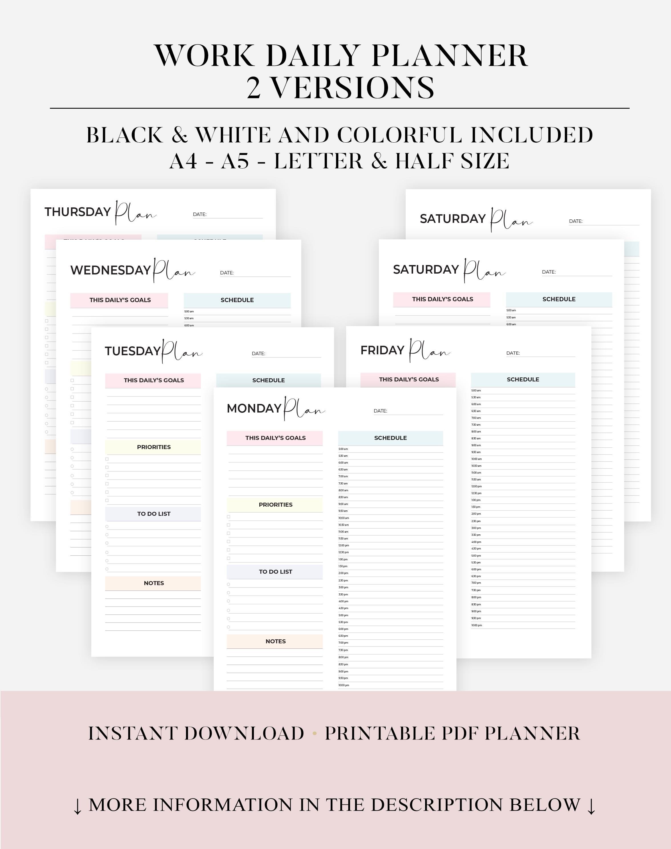 Printable Work Planner Printable Work Day Schedule Template Daily ...