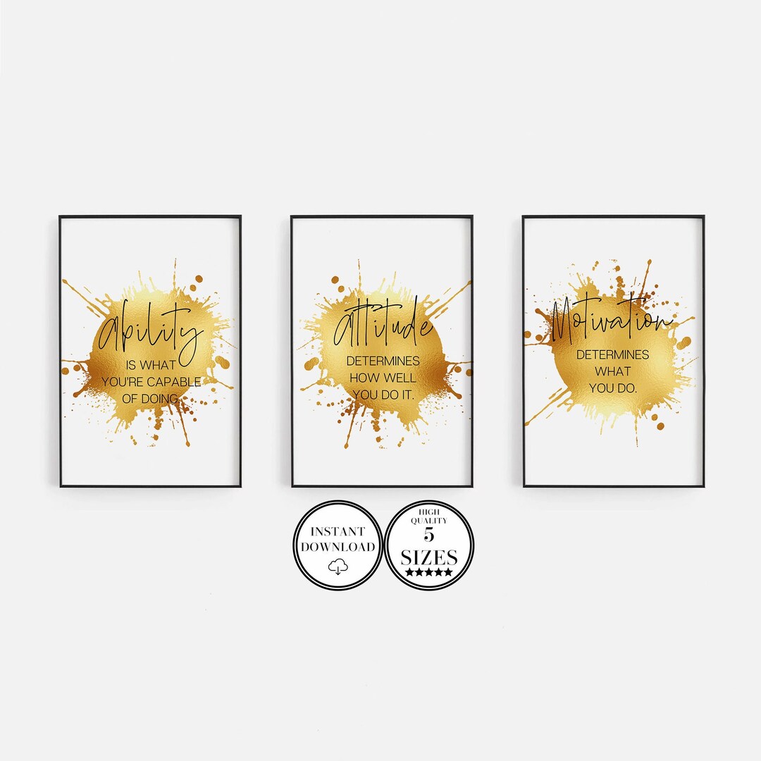 Gold Home Office Motivational Wall Art, Home Office Modern Set of 3