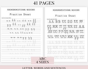 Hojas de trabajo de caligrafía cursiva imprimibles, 41 páginas con letras, palabras y oraciones, para niños de secundaria y adultos (solo archivo PDF)
