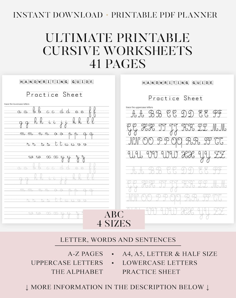 Printable Cursive Worksheets, Calligraphy 41 Pages Letters, Words, and ...