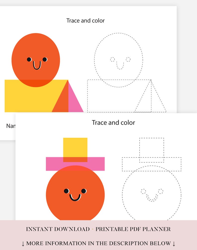 Op de afbeelding: Twee afdrukbare PDF-pagina's met kleurrijke geometrische vormen en de tekst "Traceer en kleur". E&eacute;n pagina bevat een lachende oranje cirkel, een gele rechthoek en een roze driehoek. De andere toont een lachende oranje cirkel met een roze rechthoek en een gele vierkant.