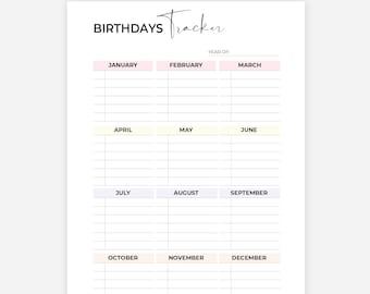 Birthday Tracker Printable Template, Birthday Calendar, Birthday Reminder, Birthday Planner, A4/A5/Letter/Half Size, Instant Download PDF
