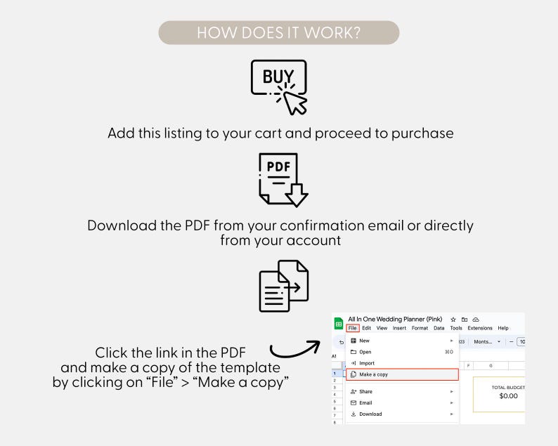May include: An instructional graphic titled HOW DOES IT WORK? featuring three steps: a buy icon with text to add to cart, a PDF download icon with text to download the file, and a document icon with text to click the link and select File then Make a copy.