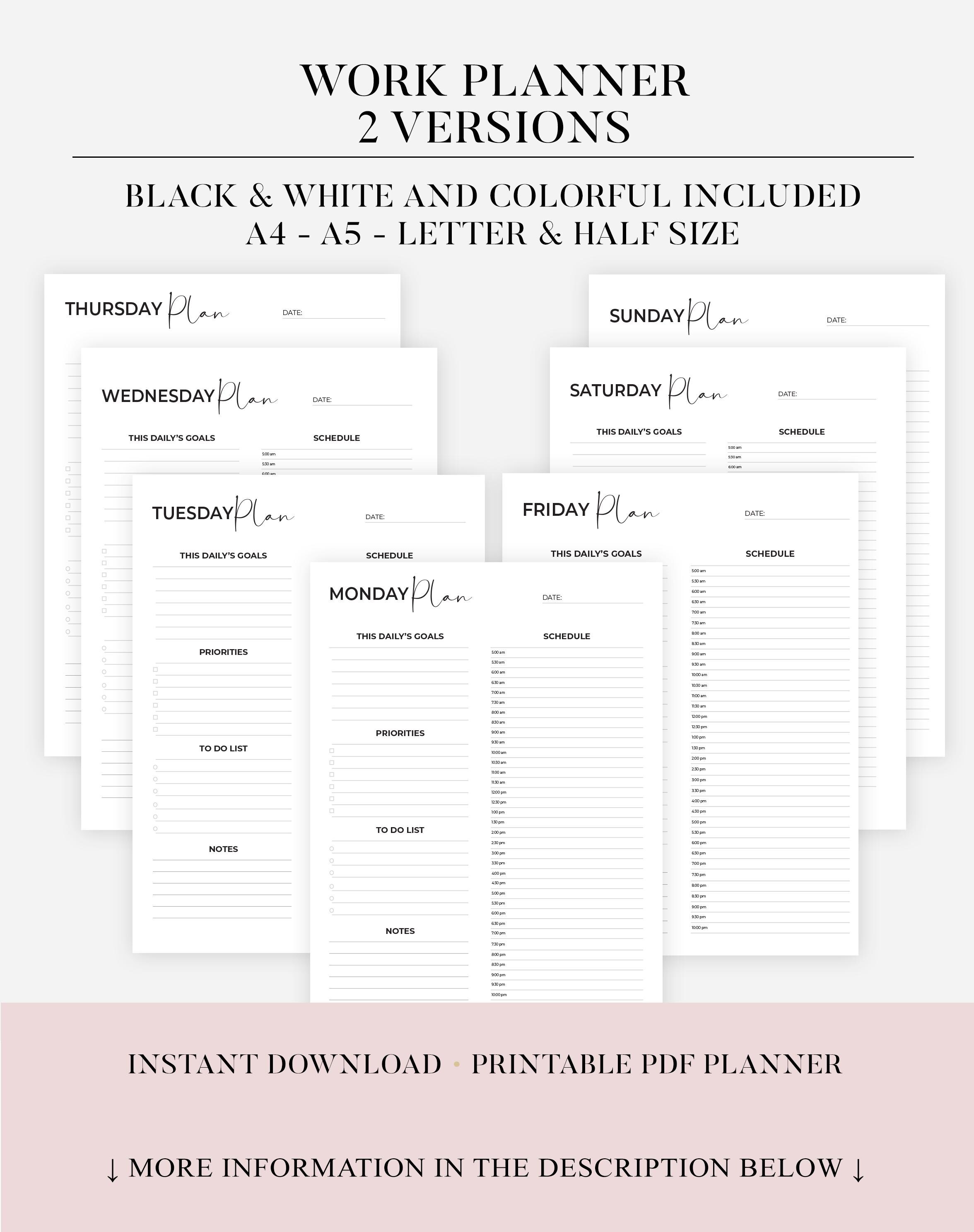 Printable Work Planner Printable Work Day Schedule Template Daily ...