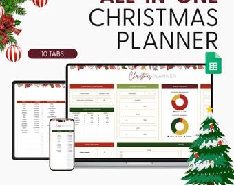 Planejador de Natal definitivo, rastreador de presentes, usabilidade vitalícia, planejador de férias, modelo do Google Sheets, planilha de Natal, orçamento