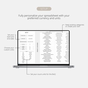 May include: A laptop displays a spreadsheet interface with the word "SETUP" at the top. The screen shows options to customize currency, units, start/end dates, and project categories. Text on the screen includes "Choose your custom units" and "Set your count units for the BoQ."