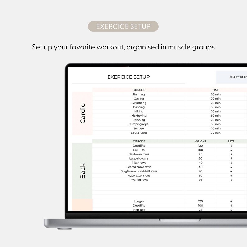 Workoutplanner Google Spreadsheets Workout-tracker Spreadsheet Fitnessplannersjabloon Gym checklist Gewichtheffen Trainingskalender Pilates afbeelding 18