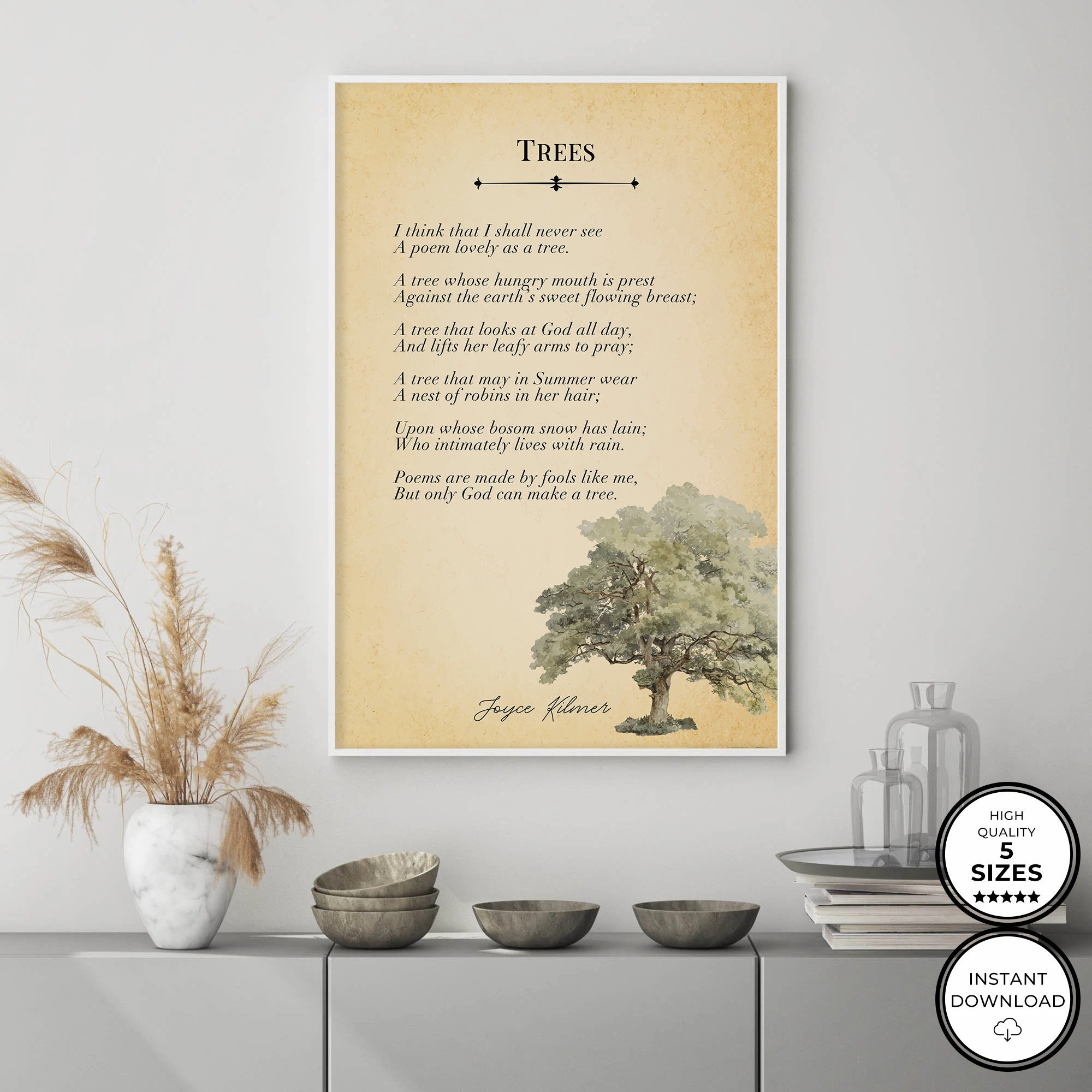 Trees Poem Wall Art Print Joyce Kilmer Poetry I Think That I Shall Never See a Poem Lovely as a