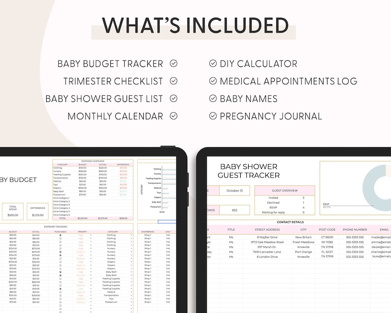 Pu&ograve; includere: Un planner digitale per futuri genitori con un elenco di controllo degli elementi da tenere traccia, tra cui un tracker di budget per bambini, un elenco di controllo del trimestre, un elenco degli invitati per la festa di benvenuto al bambino, un calendario mensile, una calcolatrice fai-da-te, un registro degli appuntamenti medici, nomi di bambini e un diario di gravidanza.