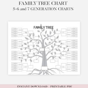 May include: A printable family tree chart with a tree graphic in gray. The chart includes spaces for 5-6 and 7 generations. Text at the top reads "FAMILY TREE CHART" and "5-6 and 7 GENERATION CHARTS". The chart is available in A4, A5, US Letter, and Half Letter sizes.