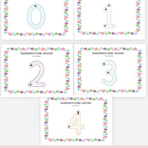 May include: A set of handwriting guide sheets featuring numbers 0-4 in various colors. Each sheet has a floral border and the text "HANDWRITING GUIDE". The bottom of the image reads "INSTANT DOWNLOAD PRINTABLE PDF PLANNER".