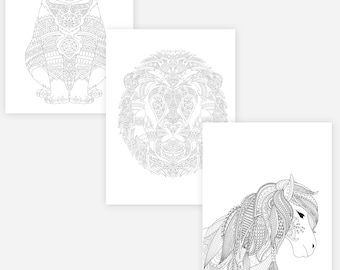 May include: Three printable coloring pages featuring intricate animal designs: a cat, a lion, and a horse. The pages are black and white, with detailed patterns. Text on the image reads "20 pages" and "Instant Download - Printable PDF".