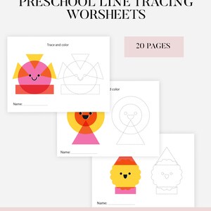 Op de afbeelding: Printbare voorschoolse lijn-traceerwerkbladen in A4, A5, Letter en Half Size. De werkbladen bevatten kleurrijke geometrische vormen en karakters om te traceren en in te kleuren. Bevat 20 pagina's. Tekst op de afbeelding: "Preschool Line Tracing Worksheets".