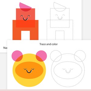 Op de afbeelding: Twee afdrukbare werkbladen met de tekst "Traceer en kleur". E&eacute;n werkblad toont een lachende oranje en rode geometrische figuur. Het andere werkblad toont een lachende gele cirkel met roze cirkels erboven.
