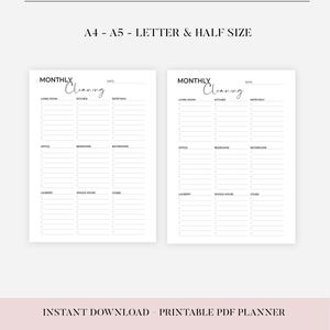 May include: Printable monthly cleaning checklist in A4, A5, Letter, and Half sizes. The checklist is divided into sections for different areas of the house, such as living room, kitchen, entryway, office, bedrooms, bathrooms, laundry, whole house, and other.