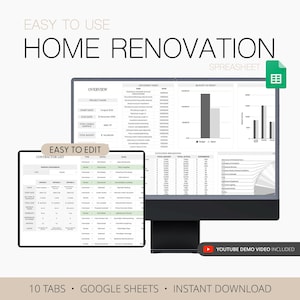 Op de afbeelding: Een digitaal spreadsheet voor huisrenovatie weergegeven op een computermonitor en een tablet. De spreadsheet bevat secties voor overzicht, aankomende taken en budgettracking. Tekst op de afbeelding luidt "Easy to Use", "Home Renovation" en "Easy to Edit".