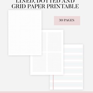 Puede incluir: Planificador PDF imprimible con papel rayado, punteado y cuadriculado. La imagen muestra tres estilos de papel diferentes, incluyendo 30 páginas. El texto en la imagen dice "A4 - A5 - Letter & Half Size - Printable PDF" y "Descarga instantánea - Planificador PDF imprimible."