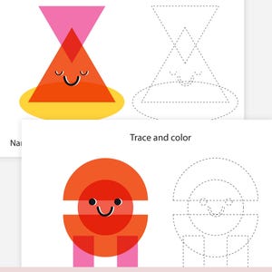 Op de afbeelding: Twee afdrukbare PDF-plannerpagina's met kleurrijke geometrische vormen om te traceren en in te kleuren. De tekst "Trace and color" staat bovenaan elke pagina. De onderkant van de pagina luidt "INSTANT DOWNLOAD - PRINTABLE PDF PLANNER".