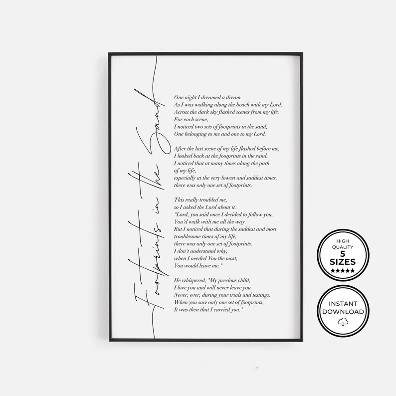 Footprints in the Sand Poem Printable Wall Art Inspirational Etsy