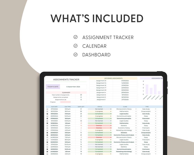 May include: A digital tablet displaying an assignment tracker interface with columns for due dates, times, status, class, and type. Above the screen, the text reads WHAT'S INCLUDED followed by a list: ASSIGNMENT TRACKER, CALENDAR, and DASHBOARD.